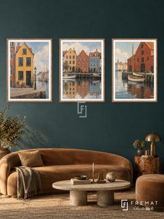 Copenhagen Harbor — set of three complementary places artworks in Wooden Texture frames, shown at 50×70 cm each.