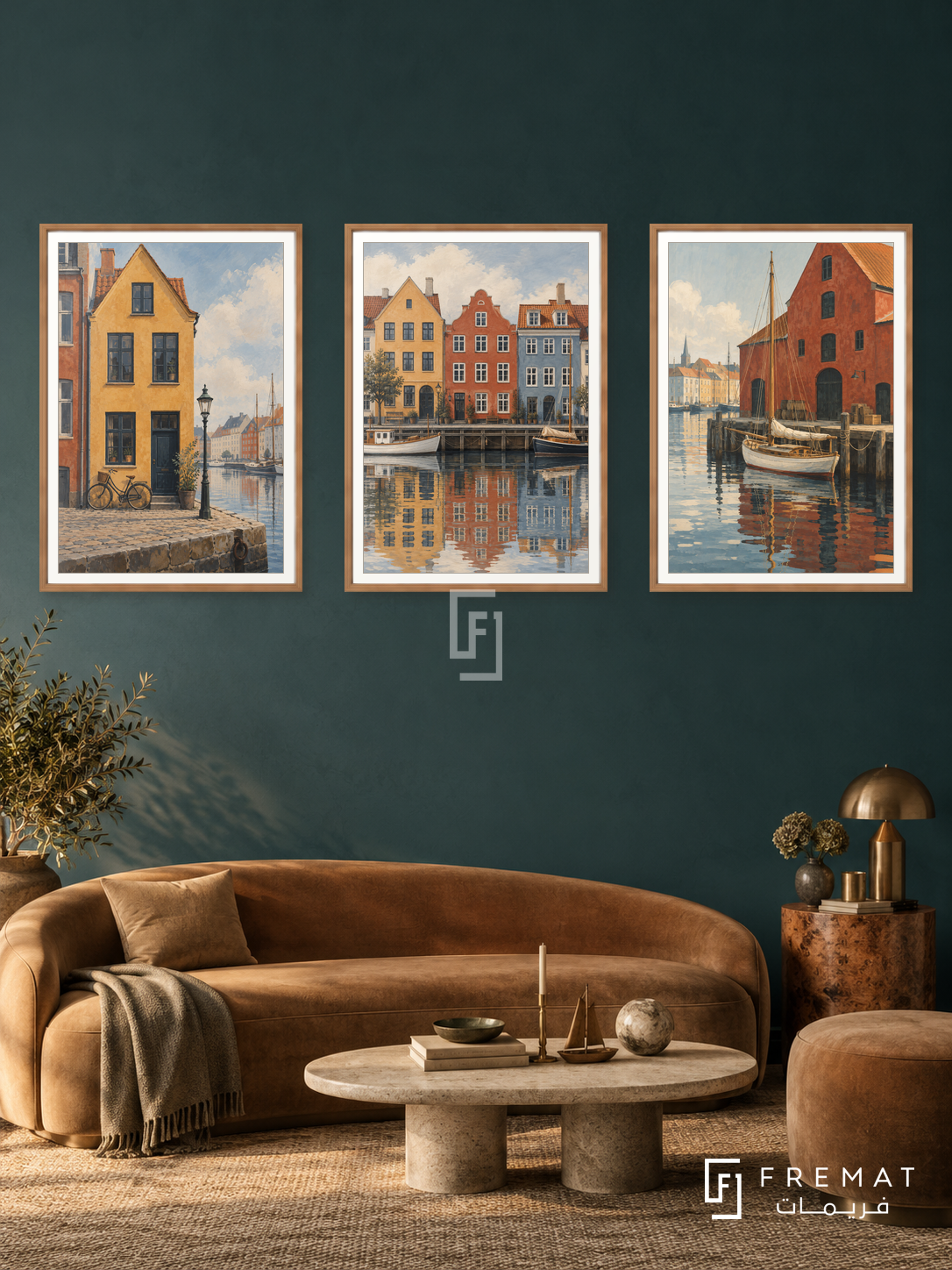 Copenhagen Harbor — set of three complementary places artworks in Wooden Texture frames, shown at 50×70 cm each.