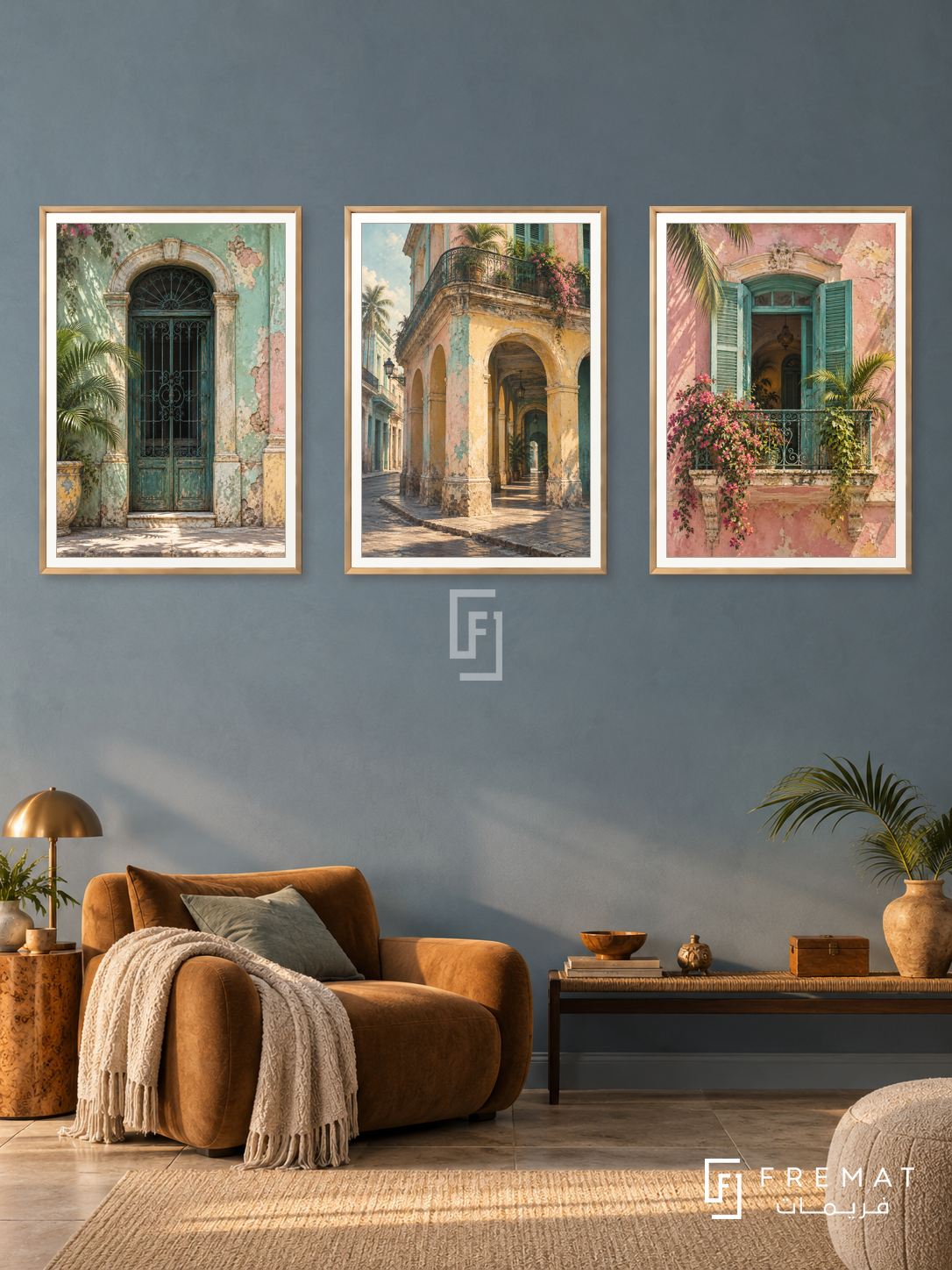 Havana Pastels — set of three complementary places artworks in Gold frames, shown at 50×70 cm each.