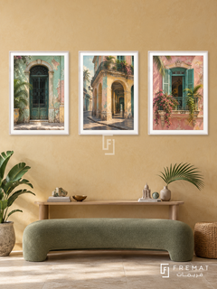 Havana Pastels — set of three complementary places artworks in White frames, shown at 50×70 cm each.