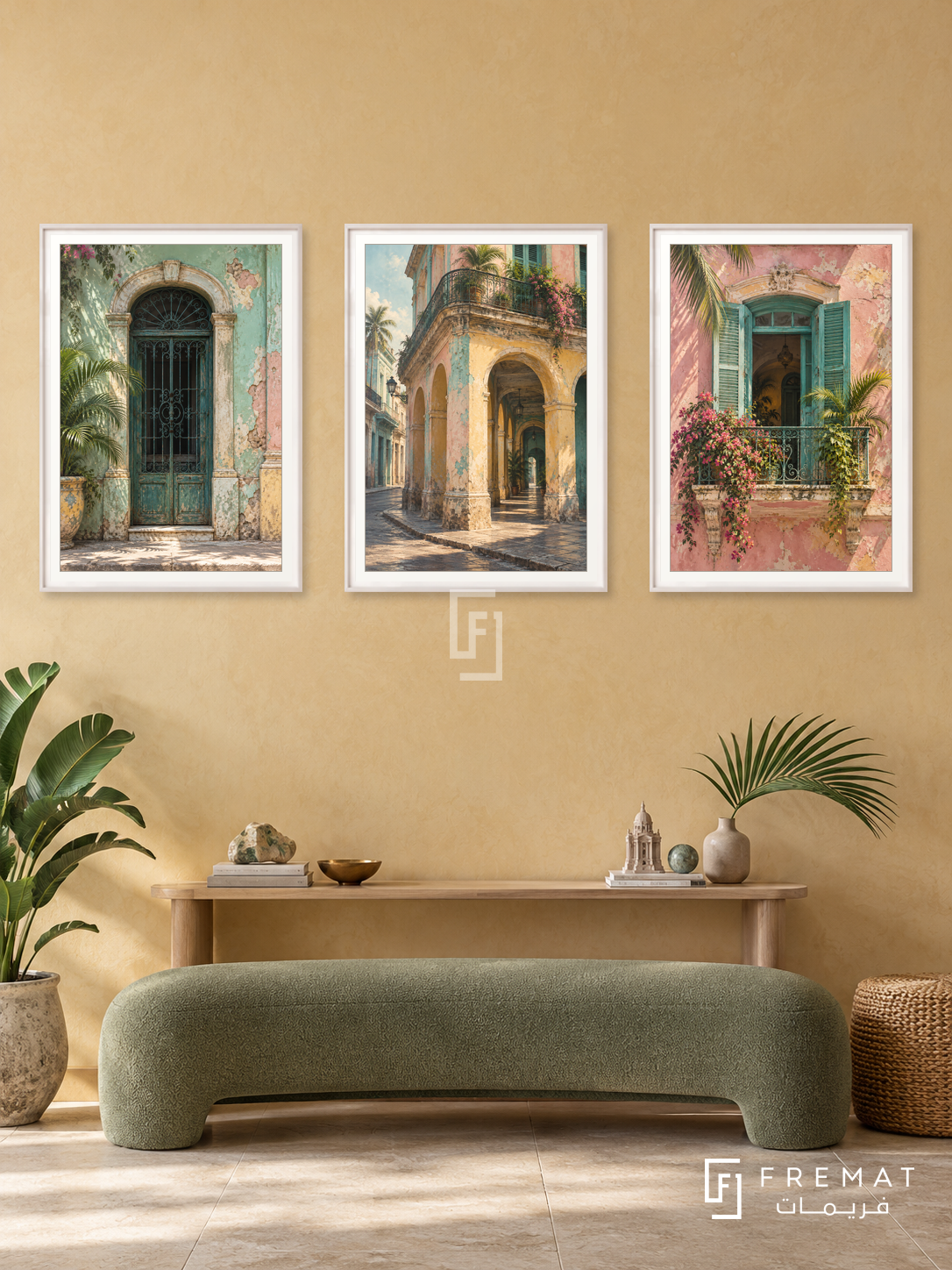 Havana Pastels — set of three complementary places artworks in White frames, shown at 50×70 cm each.