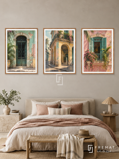 Havana Pastels — set of three complementary places artworks in Wooden Texture frames, shown at 50×70 cm each.