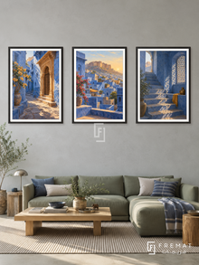 Jodhpur Indigo — set of three complementary places artworks in Black frames, shown at 50×70 cm each.