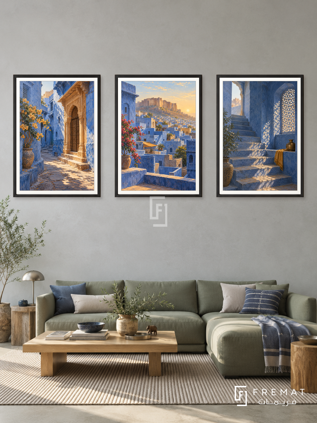 Jodhpur Indigo — set of three complementary places artworks in Black frames, shown at 50×70 cm each.