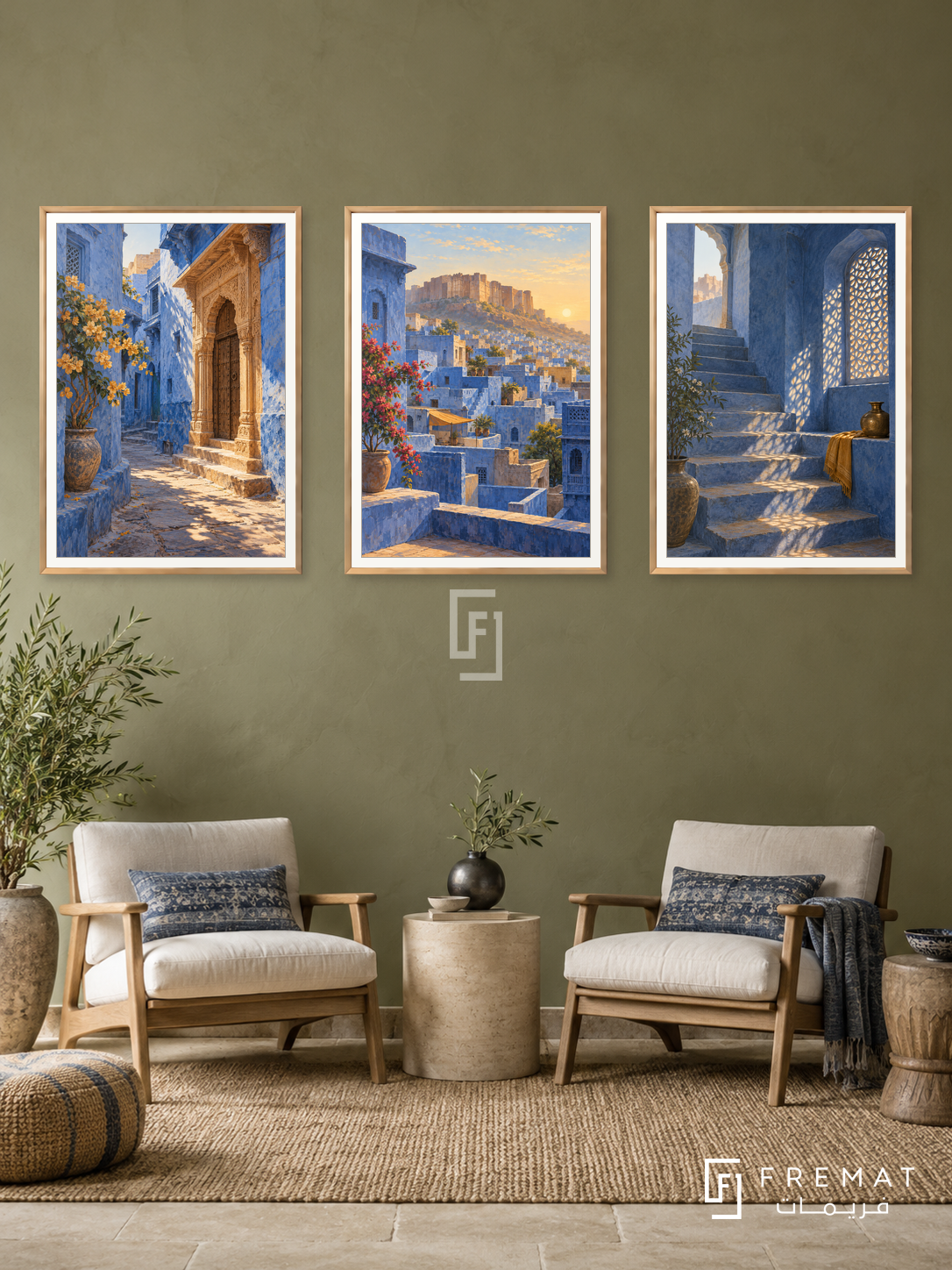 Jodhpur Indigo — set of three complementary places artworks in Gold frames, shown at 50×70 cm each.