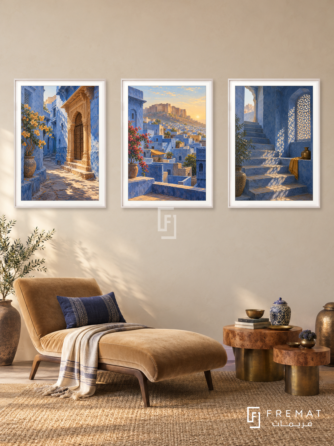 Jodhpur Indigo — set of three complementary places artworks in White frames, shown at 50×70 cm each.
