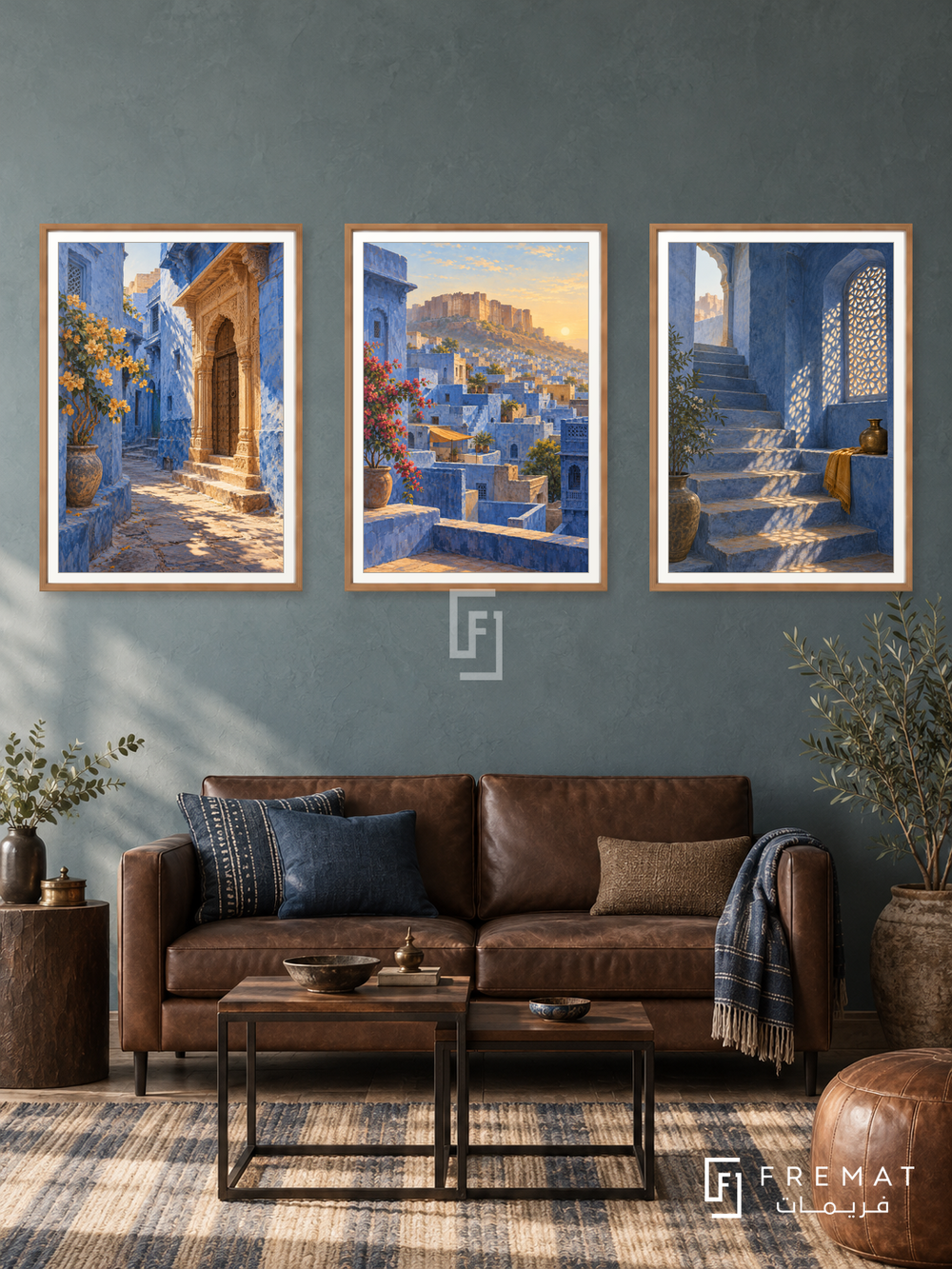 Jodhpur Indigo — set of three complementary places artworks in Wooden Texture frames, shown at 50×70 cm each.