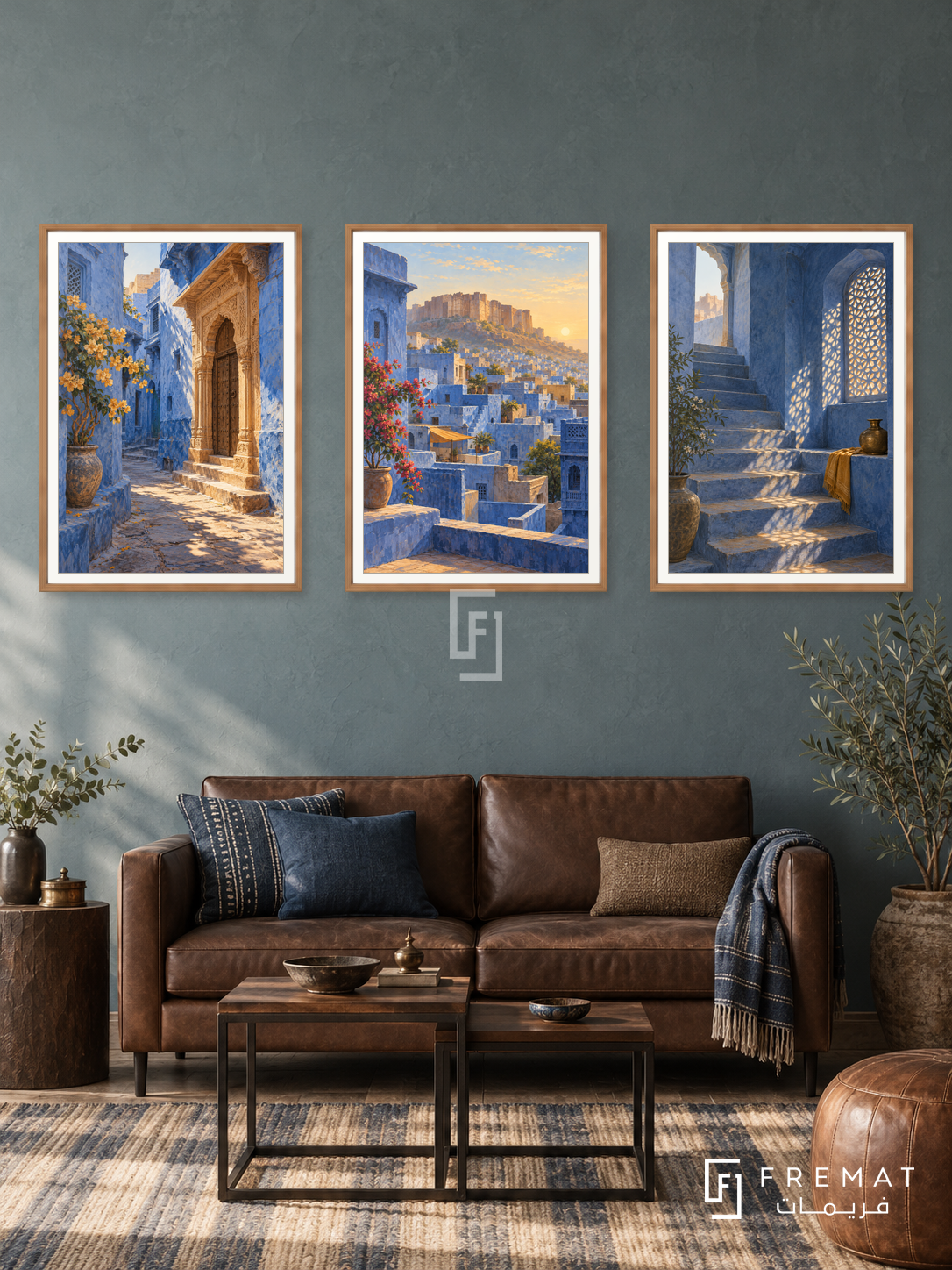 Jodhpur Indigo — set of three complementary places artworks in Wooden Texture frames, shown at 50×70 cm each.