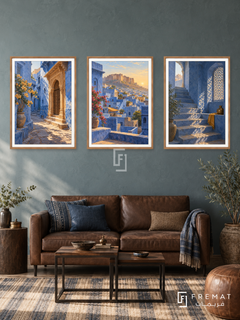 Jodhpur Indigo — set of three complementary places artworks in Wooden Texture frames, shown at 50×70 cm each.