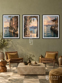 Istanbul Waterside — set of three complementary places artworks in Black frames, shown at 50×70 cm each.