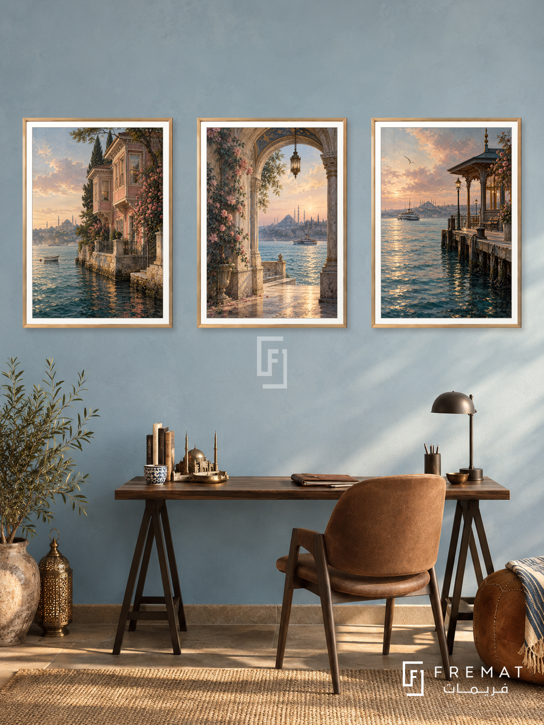 Istanbul Waterside — set of three complementary places artworks in Gold frames, shown at 50×70 cm each.
