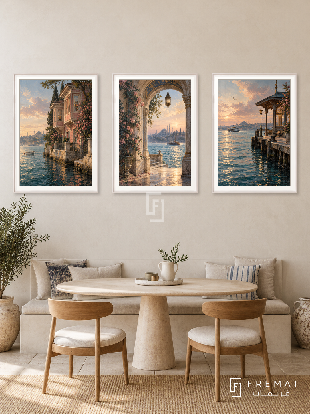 Istanbul Waterside — set of three complementary places artworks in White frames, shown at 50×70 cm each.