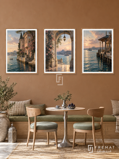 Istanbul Waterside — set of three complementary places artworks in Wooden Texture frames, shown at 50×70 cm each.