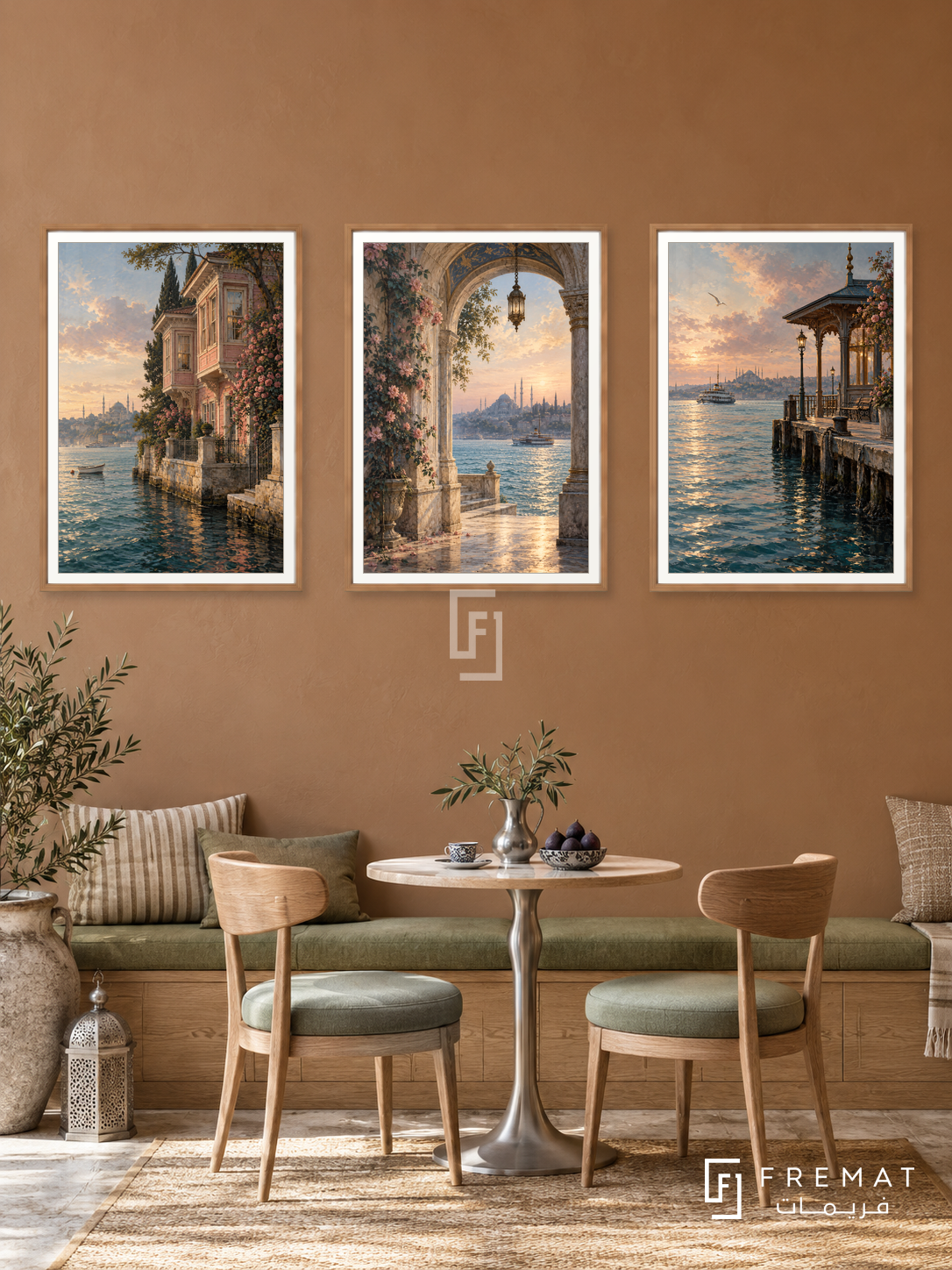 Istanbul Waterside — set of three complementary places artworks in Wooden Texture frames, shown at 50×70 cm each.