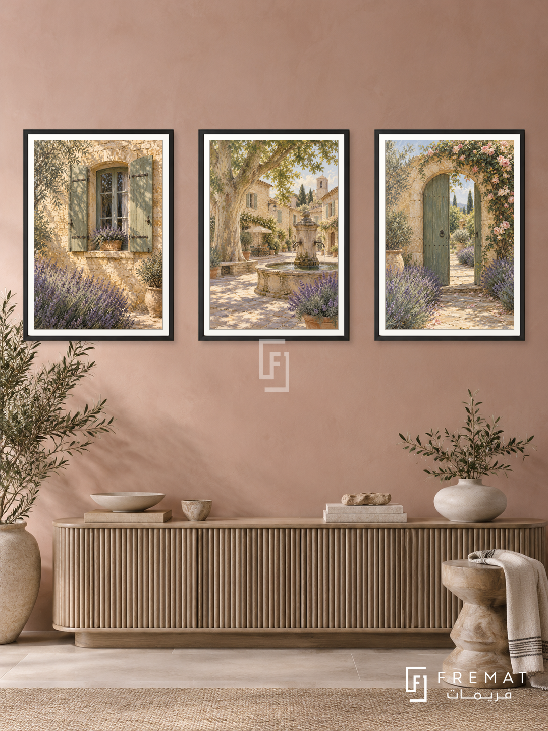 Provence Shutters — set of three complementary places artworks in Black frames, shown at 50×70 cm each.
