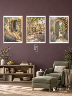 Provence Shutters — set of three complementary places artworks in Gold frames, shown at 50×70 cm each.