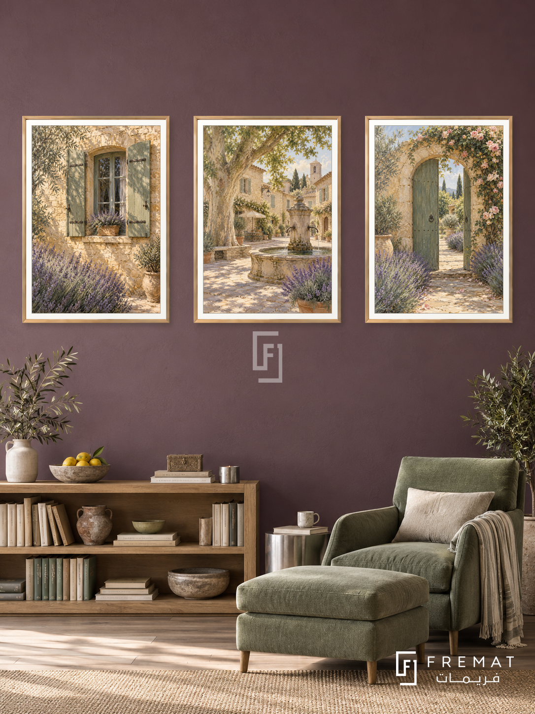 Provence Shutters — set of three complementary places artworks in Gold frames, shown at 50×70 cm each.