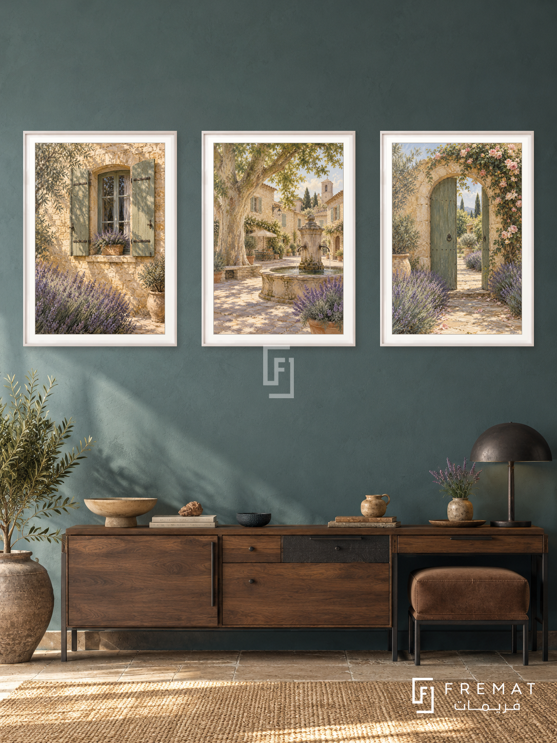 Provence Shutters — set of three complementary places artworks in White frames, shown at 50×70 cm each.