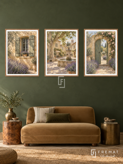 Provence Shutters — set of three complementary places artworks in Wooden Texture frames, shown at 50×70 cm each.