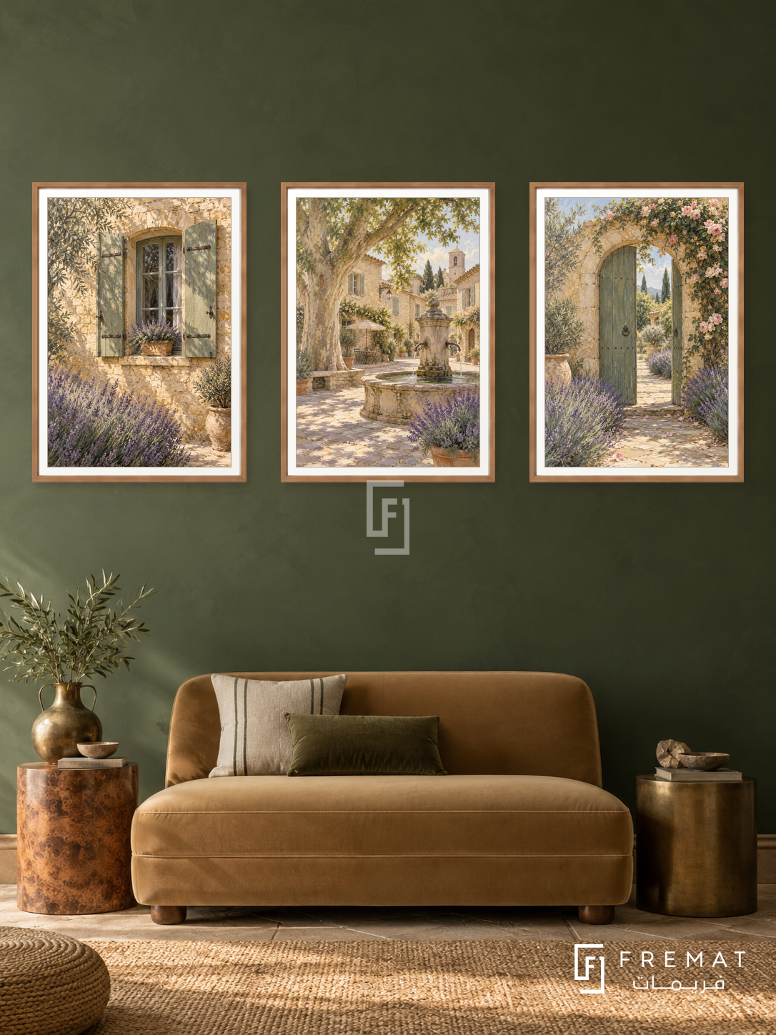 Provence Shutters — set of three complementary places artworks in Wooden Texture frames, shown at 50×70 cm each.