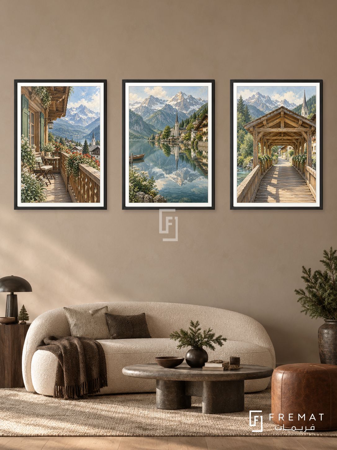 Alpine Village — set of three complementary places artworks in Black frames, shown at 50×70 cm each.