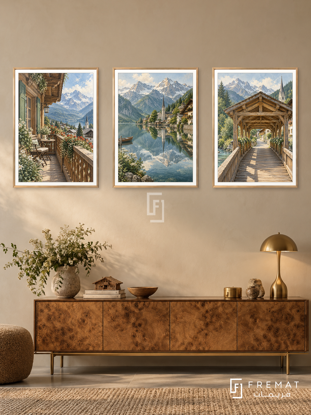 Alpine Village — set of three complementary places artworks in Gold frames, shown at 50×70 cm each.