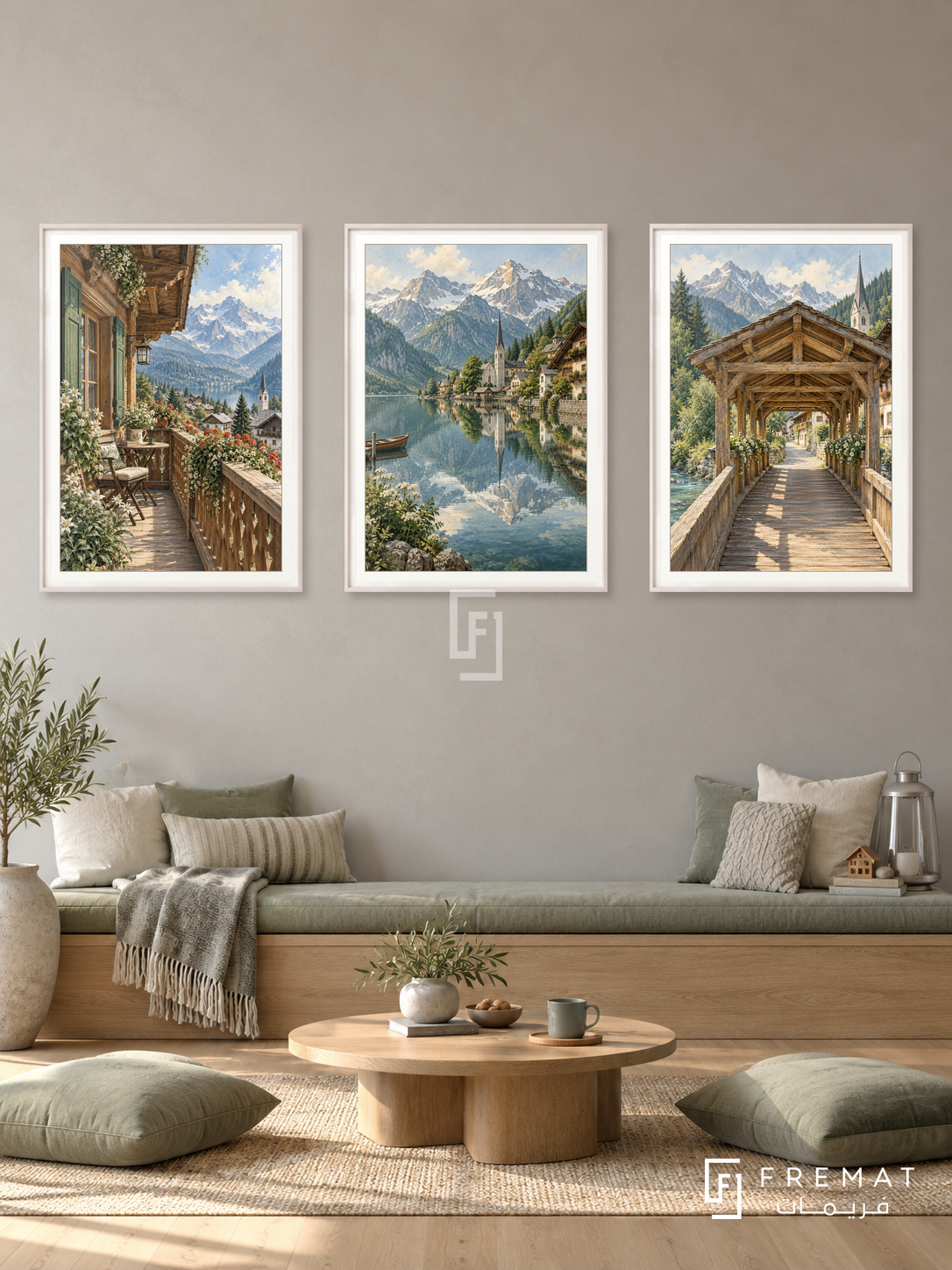 Alpine Village — set of three complementary places artworks in White frames, shown at 50×70 cm each.