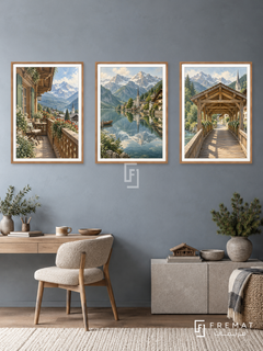 Alpine Village — set of three complementary places artworks in Wooden Texture frames, shown at 50×70 cm each.