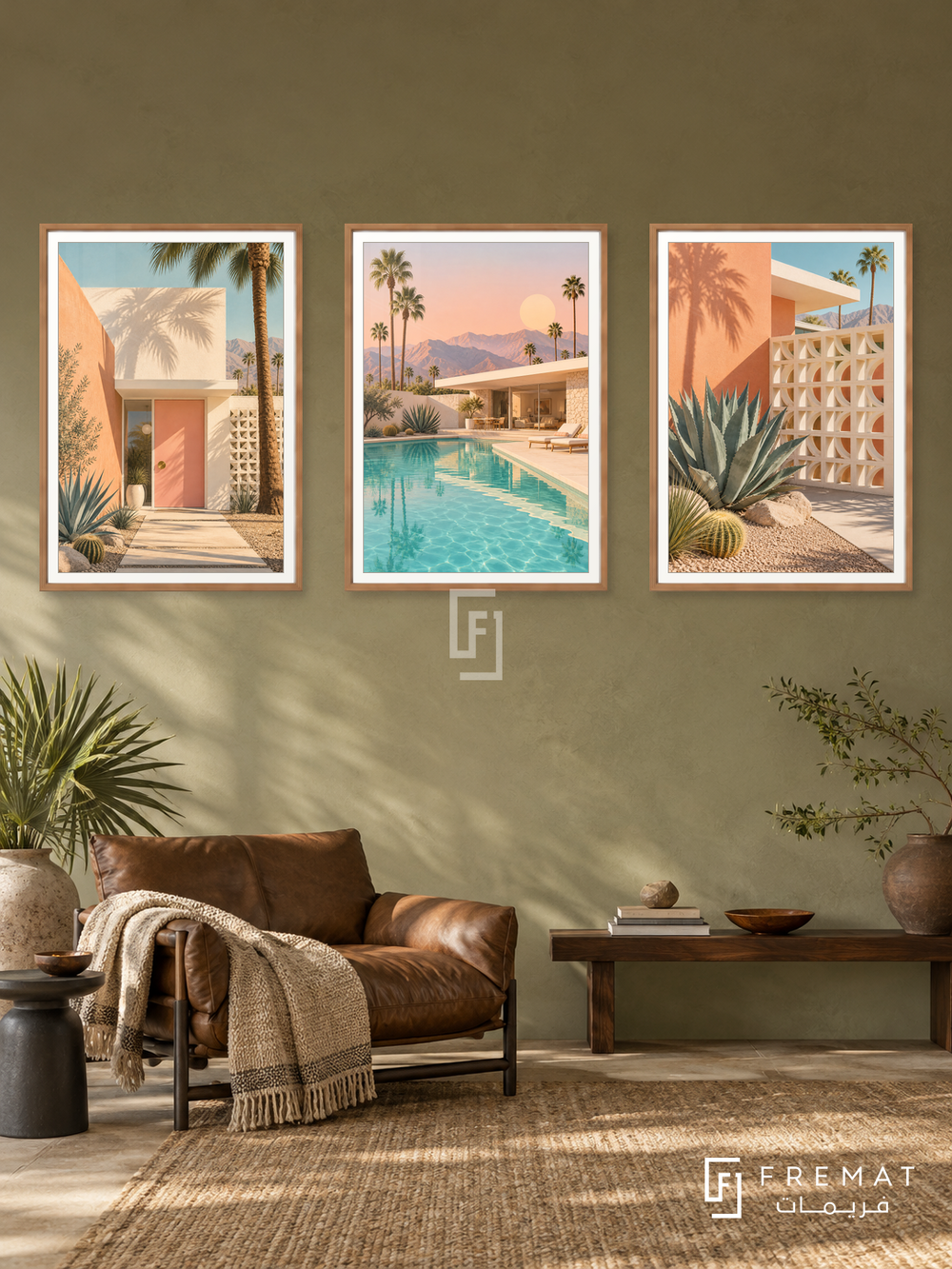 Palm Springs Light — set of three complementary places artworks in Wooden Texture frames, shown at 50×70 cm each.
