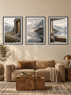 Nordic Sanctuary — set of three complementary places artworks in Black frames, shown at 50×70 cm each.