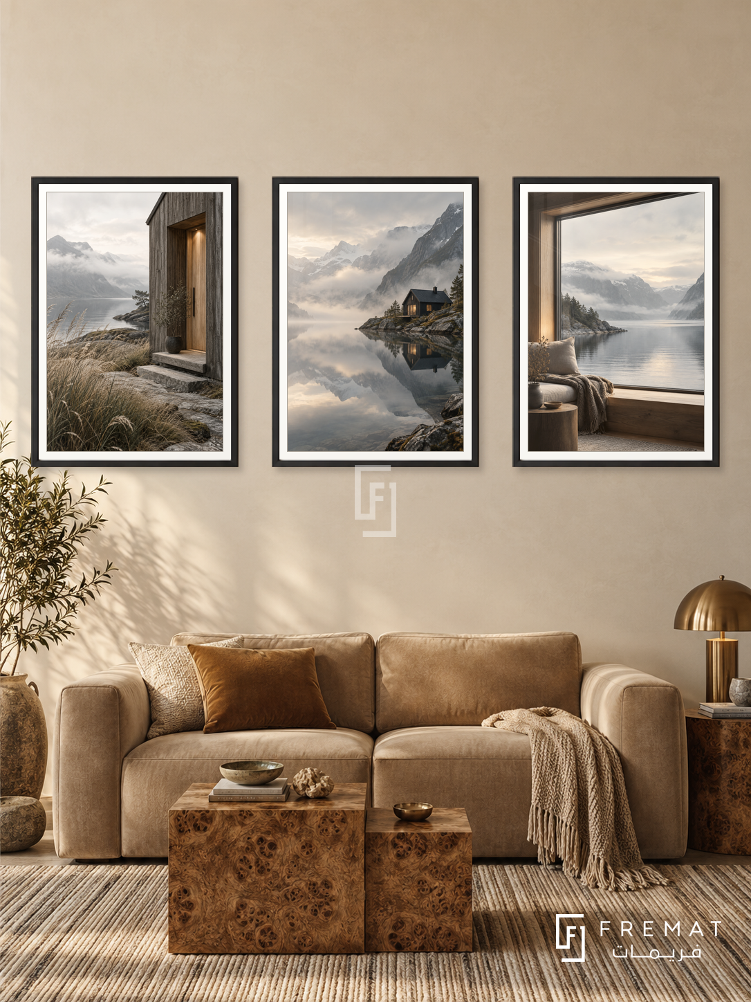 Nordic Sanctuary — set of three complementary places artworks in Black frames, shown at 50×70 cm each.
