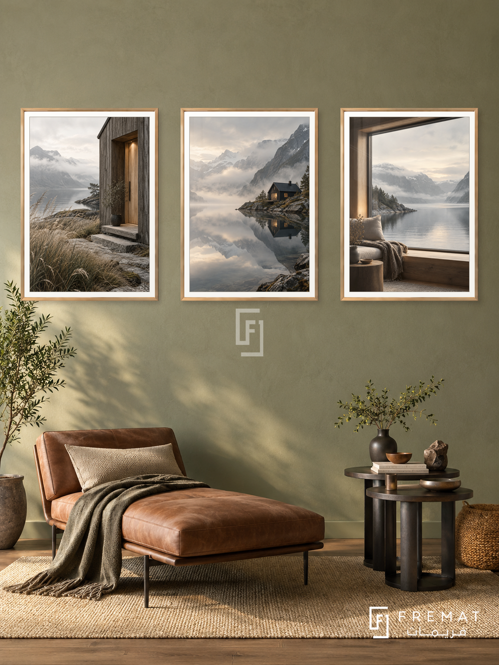 Nordic Sanctuary — set of three complementary places artworks in Gold frames, shown at 50×70 cm each.