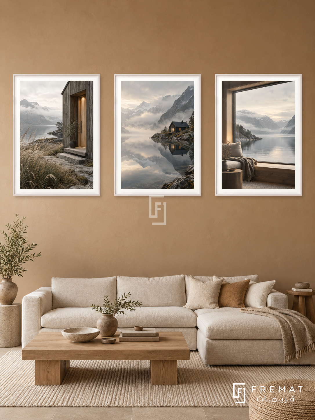 Nordic Sanctuary — set of three complementary places artworks in White frames, shown at 50×70 cm each.