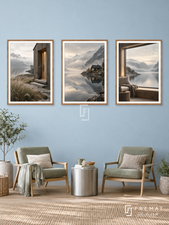 Nordic Sanctuary — set of three complementary places artworks in Wooden Texture frames, shown at 50×70 cm each.