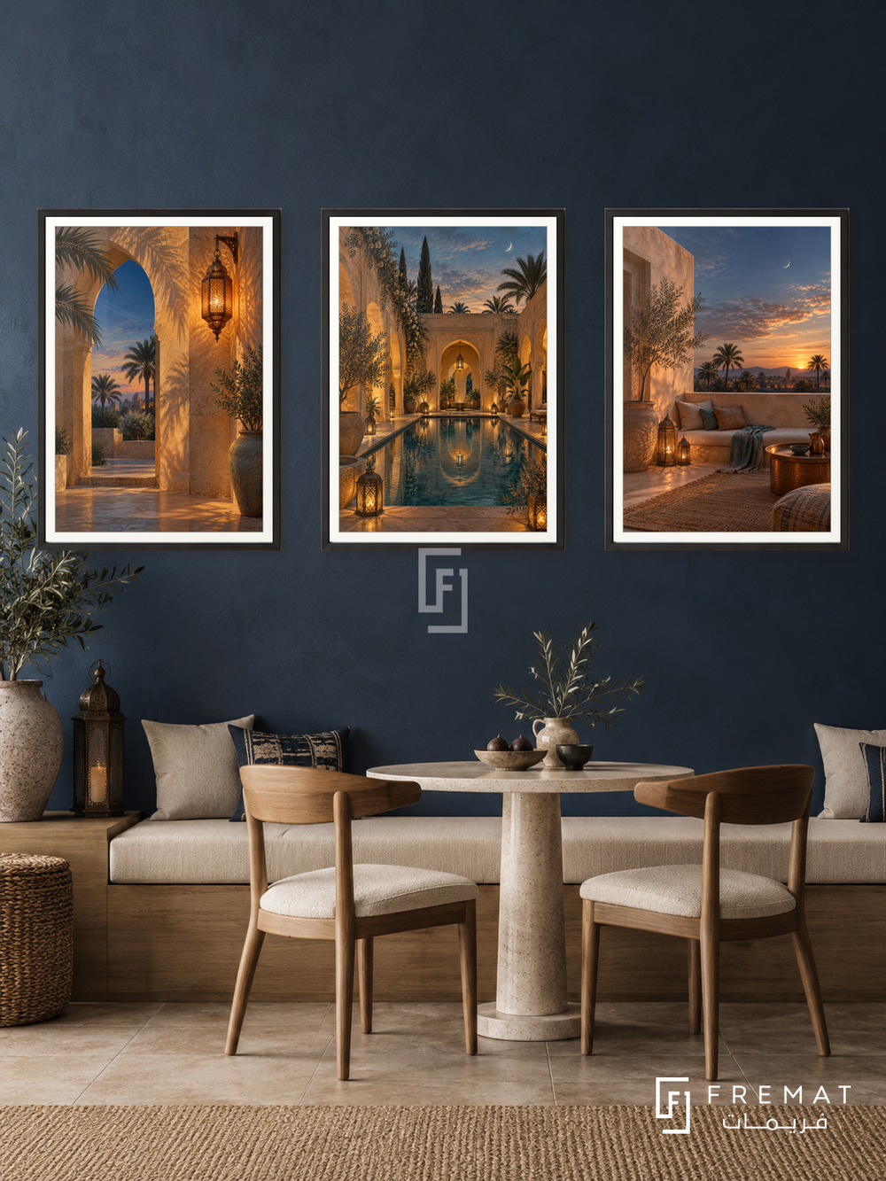 Oasis Evening — set of three complementary places artworks in Black frames, shown at 50×70 cm each.