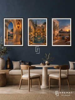 Oasis Evening — set of three complementary places artworks in Black frames, shown at 50×70 cm each.