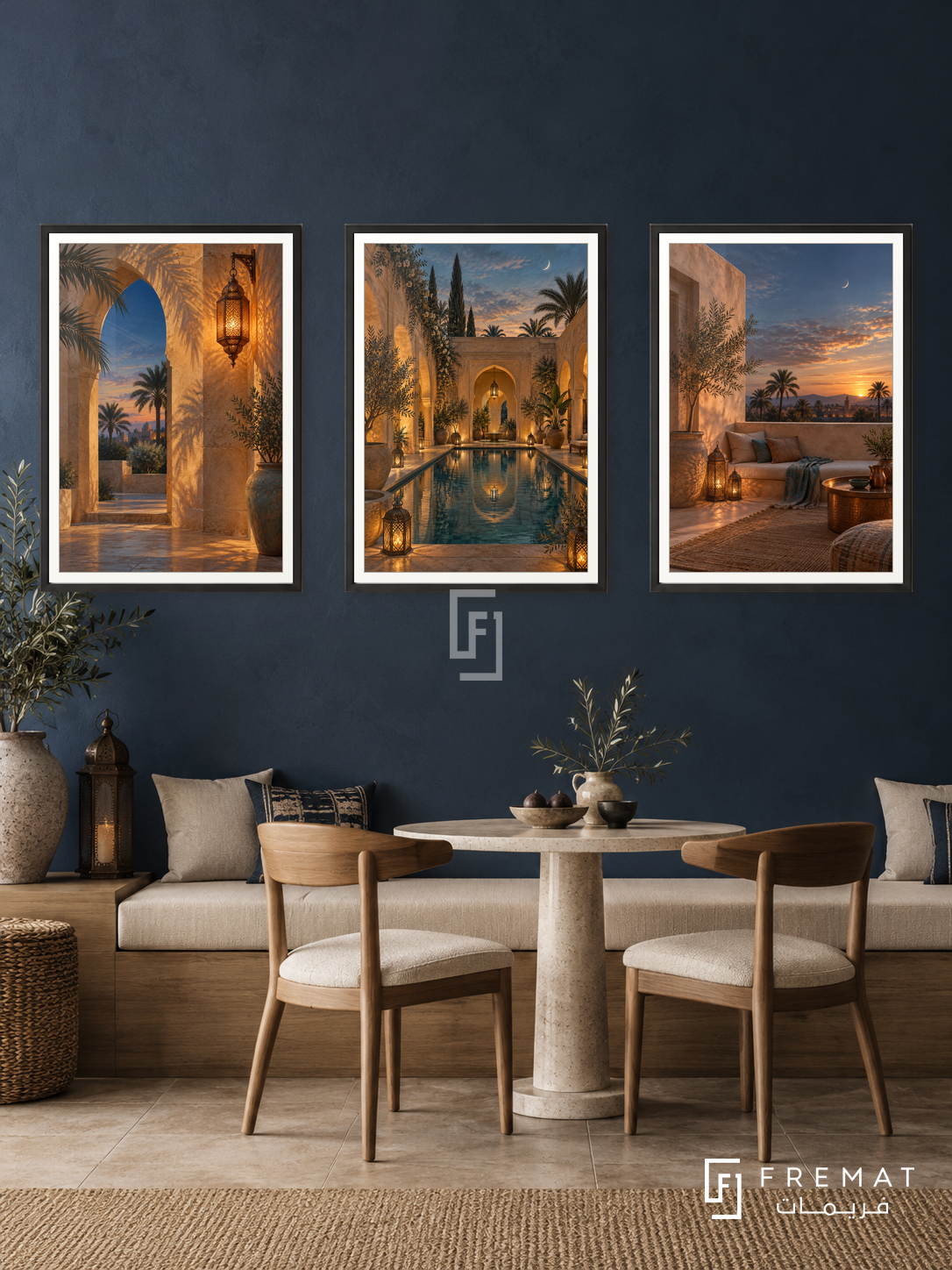 Oasis Evening — set of three complementary places artworks in Black frames, shown at 50×70 cm each.