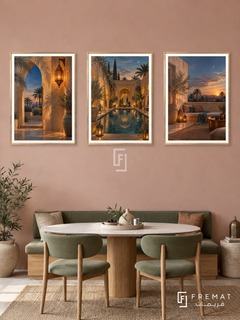 Oasis Evening — set of three complementary places artworks in Gold frames, shown at 50×70 cm each.