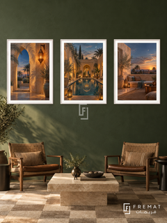 Oasis Evening — set of three complementary places artworks in White frames, shown at 50×70 cm each.