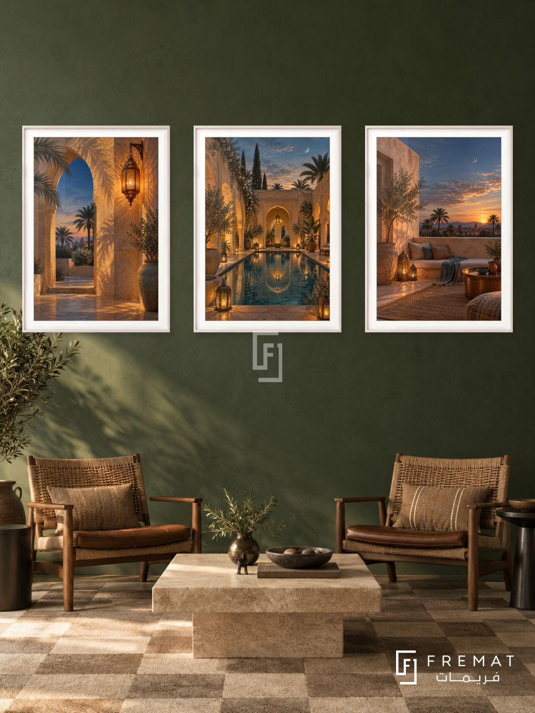 Oasis Evening — set of three complementary places artworks in White frames, shown at 50×70 cm each.