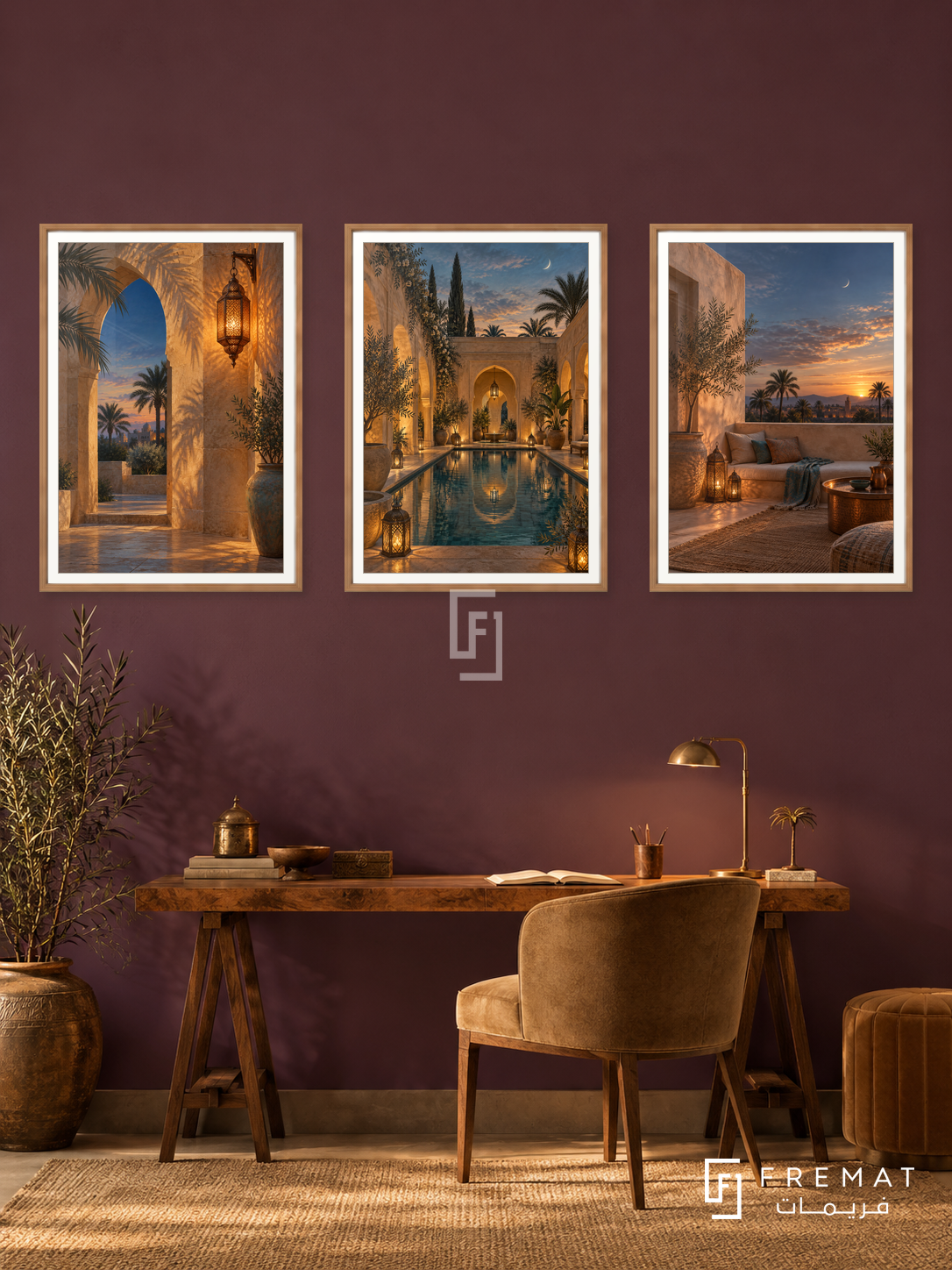 Oasis Evening — set of three complementary places artworks in Wooden Texture frames, shown at 50×70 cm each.