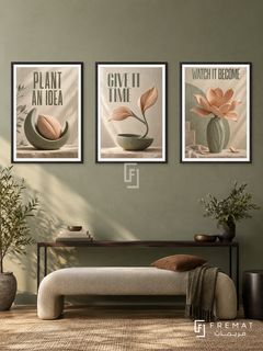 An Idea Takes Root — set of three complementary quotes artworks in Black frames, shown at 50×70 cm each.