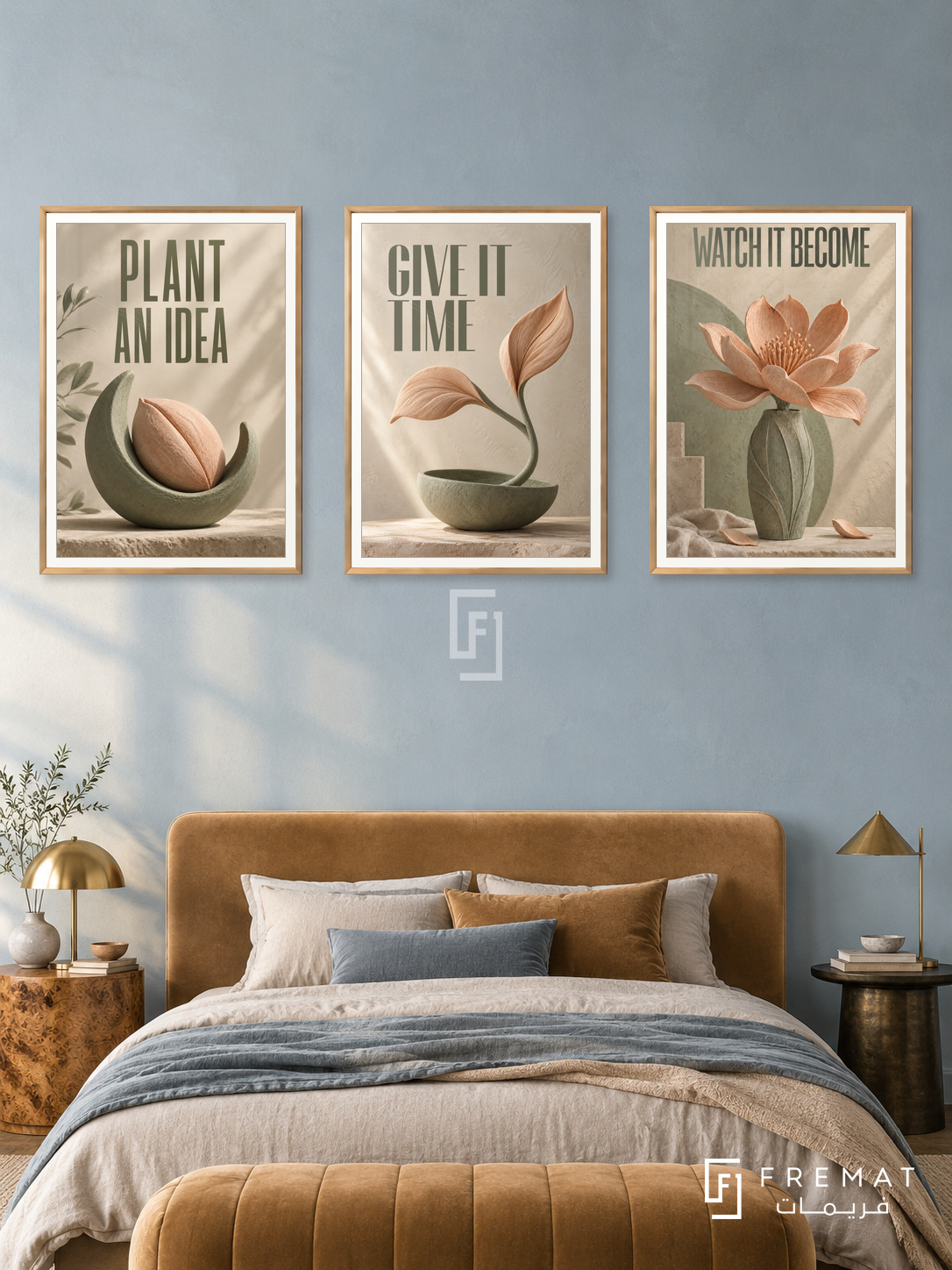 An Idea Takes Root — set of three complementary quotes artworks in Gold frames, shown at 50×70 cm each.