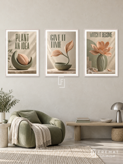 An Idea Takes Root — set of three complementary quotes artworks in White frames, shown at 50×70 cm each.