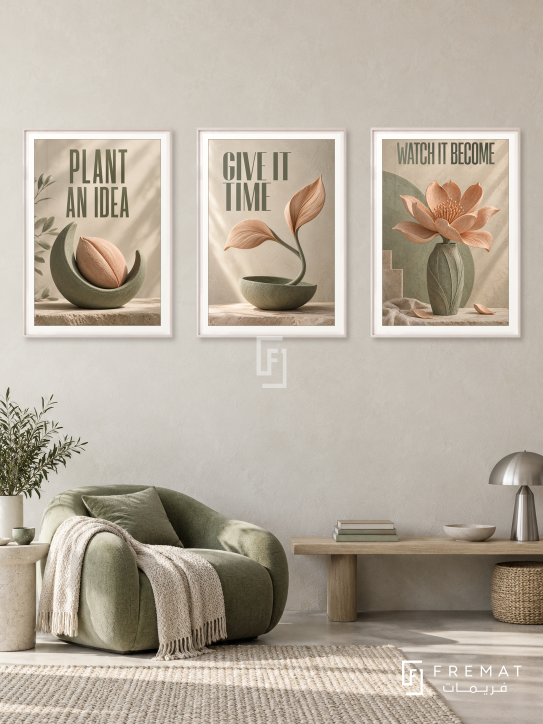 An Idea Takes Root — set of three complementary quotes artworks in White frames, shown at 50×70 cm each.
