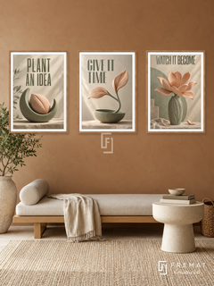 An Idea Takes Root — set of three complementary quotes artworks in Wooden Texture frames, shown at 50×70 cm each.