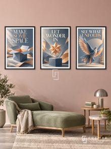 Room for Wonder — set of three complementary quotes artworks in Black frames, shown at 50×70 cm each.