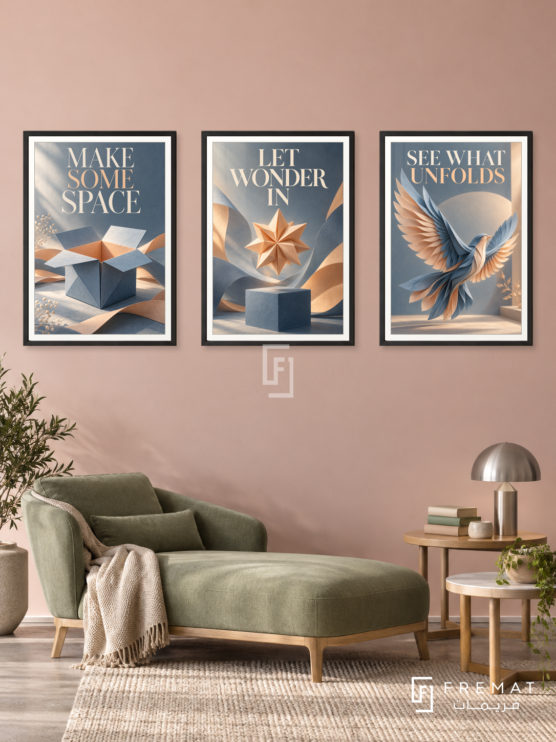 Room for Wonder — set of three complementary quotes artworks in Black frames, shown at 50×70 cm each.