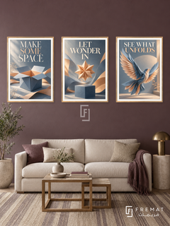 Room for Wonder — set of three complementary quotes artworks in Gold frames, shown at 50×70 cm each.