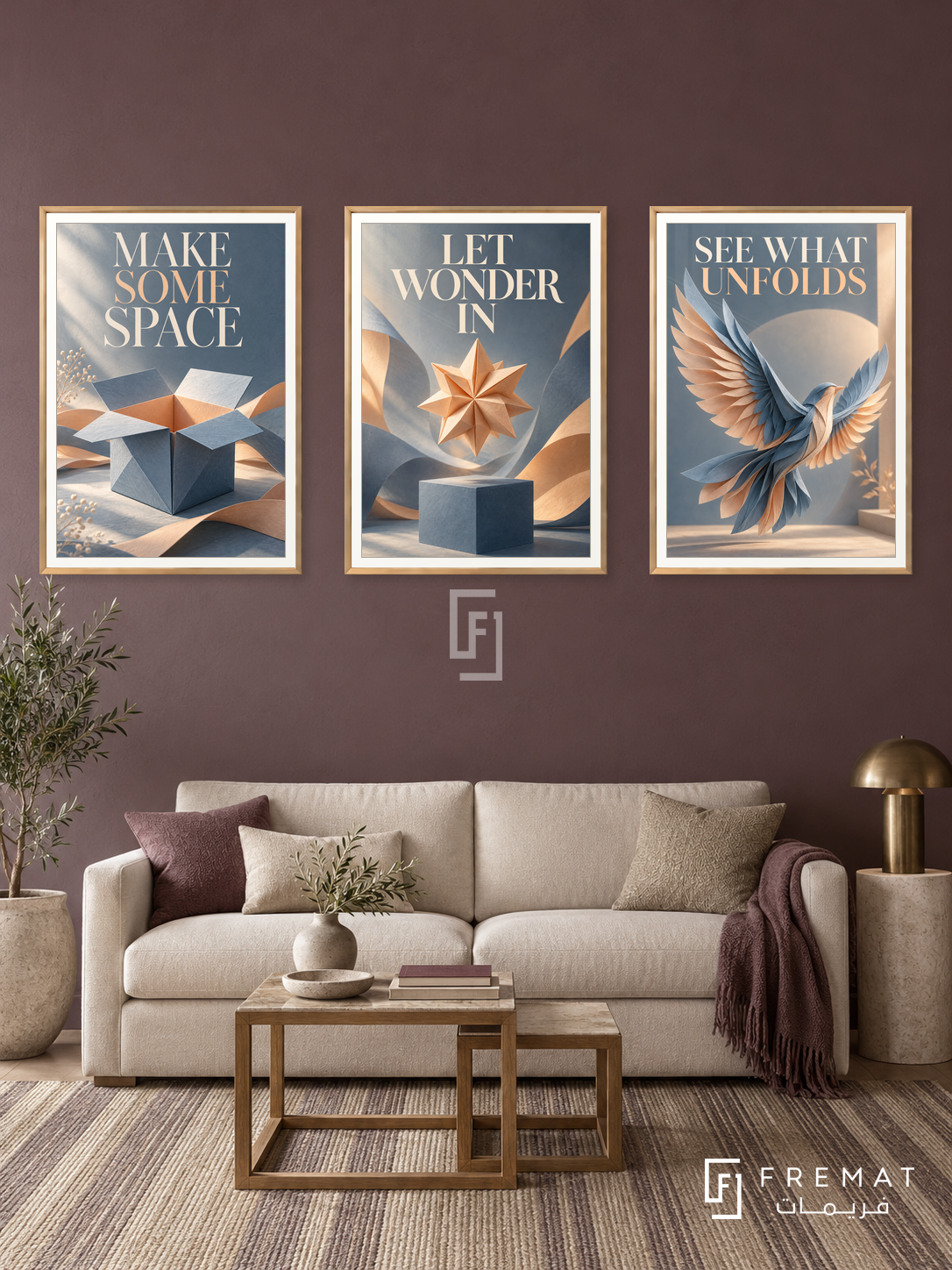Room for Wonder — set of three complementary quotes artworks in Gold frames, shown at 50×70 cm each.